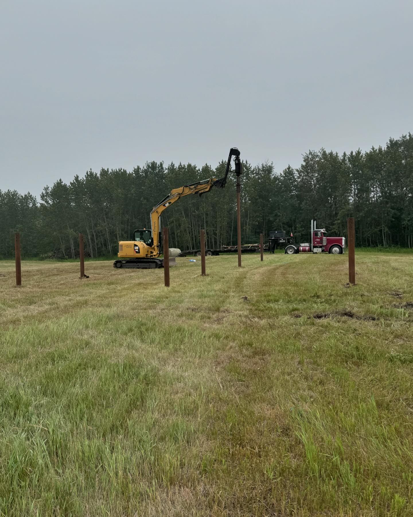 Another neat project on the books on a foggy morning this summer! 7” piles for a working corral setup, no matter the size of animals, I’m thinking these should hold up! We love projects like these, makes for a nice change out in the middle of nowhere in beautiful AB! 
#screwpiles
#screwpilefoundation
#working corral
#farmlife 
#albertaag 
#livestock